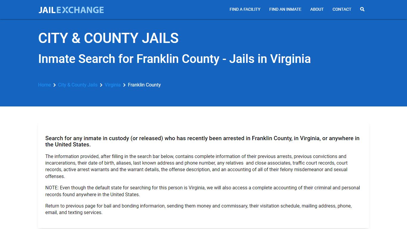 Locate an inmate in Franklin County, Virginia - Jail Exchange